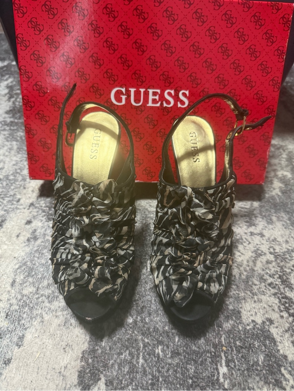 GUESS Black & Cream Animal Print Ruched Slingback Heels